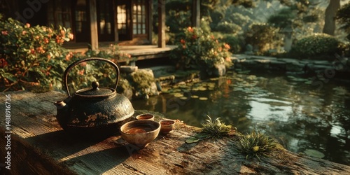 Black Teapot in Serene Garden Setting with Pond Reflection
