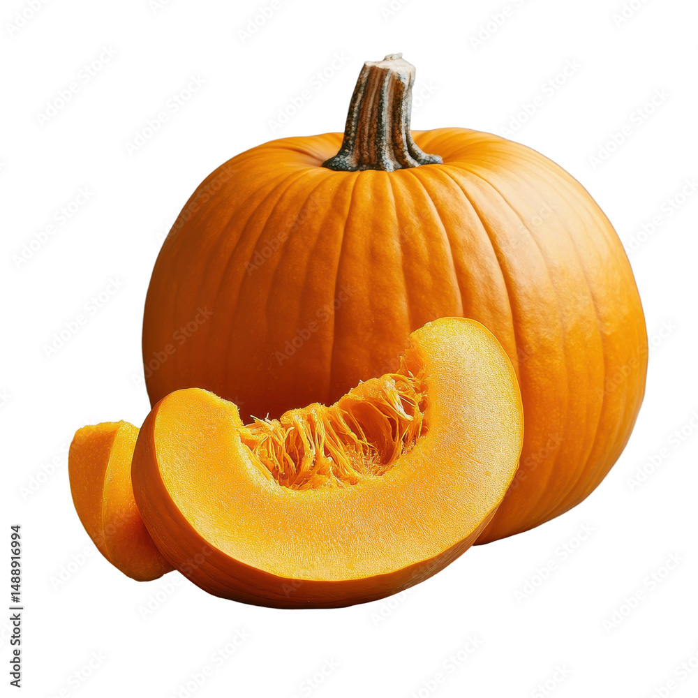 Freshly cut pumpkin with a slice on a rustic surface ready for autumn recipes and decoration, Pumpkin with cut slice Freshly cut pumpkin with a slice on a rustic surface ready for autumn recipes and decoration, Pumpkin with cut slice