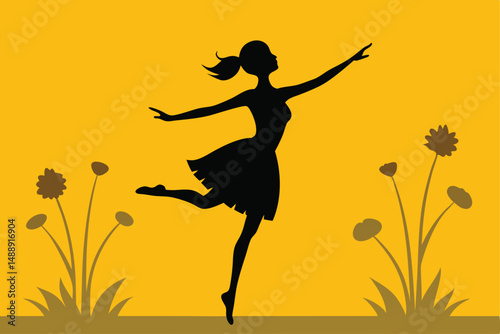 Dancing girl silhouette at sunset in a field, a joyful illustration of freedom and fun