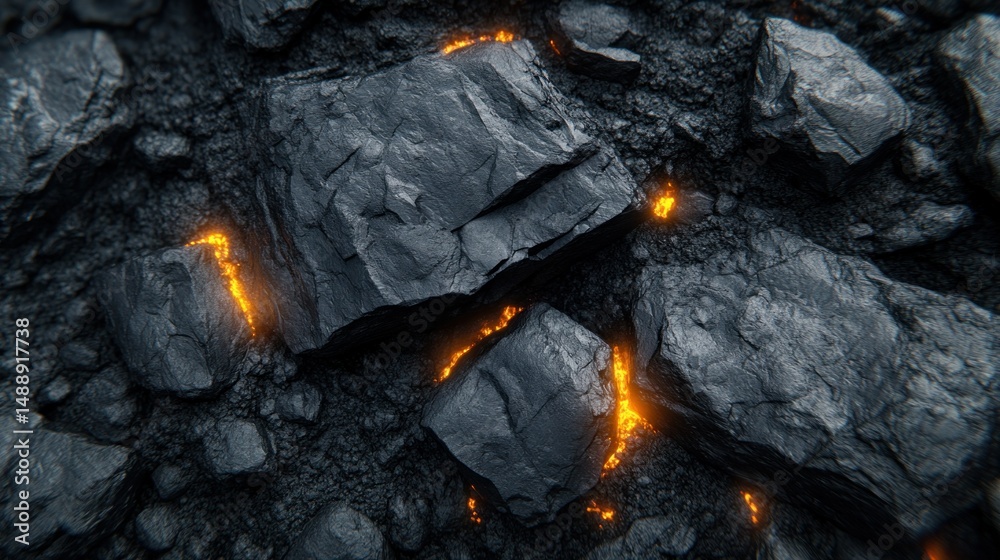 Dark, rough rocks with glowing orange embers