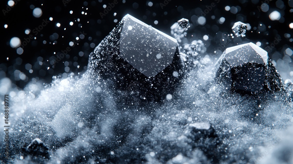 Dark crystalline shapes in frosty, snowy scene