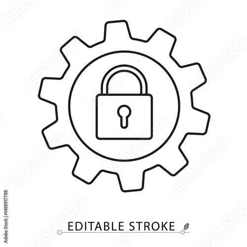 Security settings icon with closed padlock inside gear, in minimal black outline style on white background. Editable stroke vector for access control, privacy or system protection. secure settings.