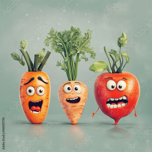 Cartoon vegetables with expressive faces in surreal kitchen humor