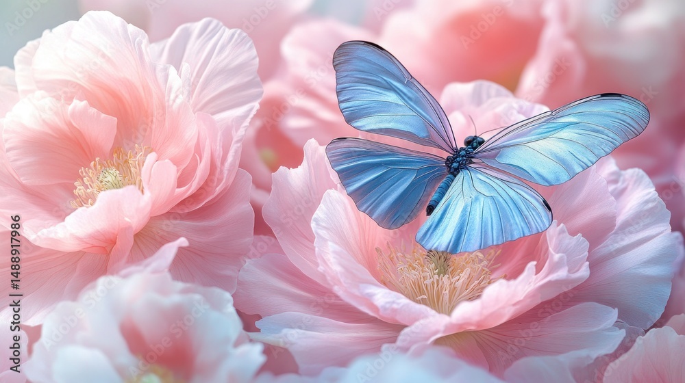 Delicate butterfly amidst soft pink poppies