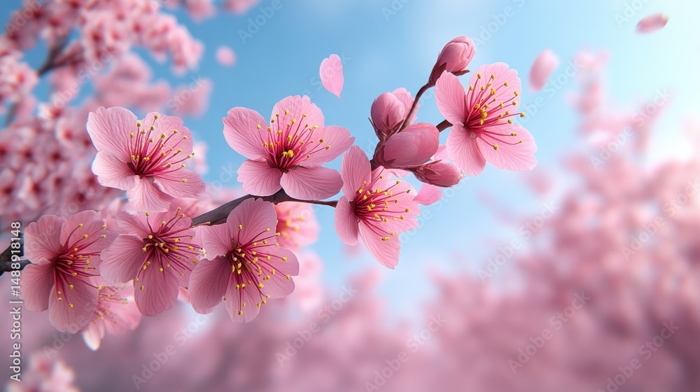 Delicate pink cherry blossoms against a light blue sky