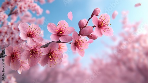 Obraz na płótnie Delicate pink cherry blossoms against a light blue sky w salonie