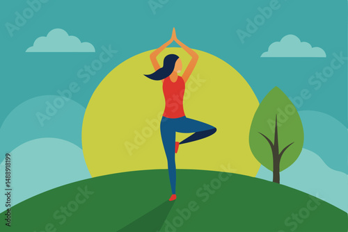 Beautiful cartoon woman exercising yoga outdoors in summer park or by the sea under the blue sky