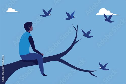 A solitary man's silhouette against the blue night sky, a vector illustration of nature's dance with the moon over the ocean, where birds fly freely