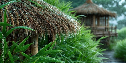 Close-Up of Bamboo Structure with Raindrops on Straw Roof in Lush Green Environment