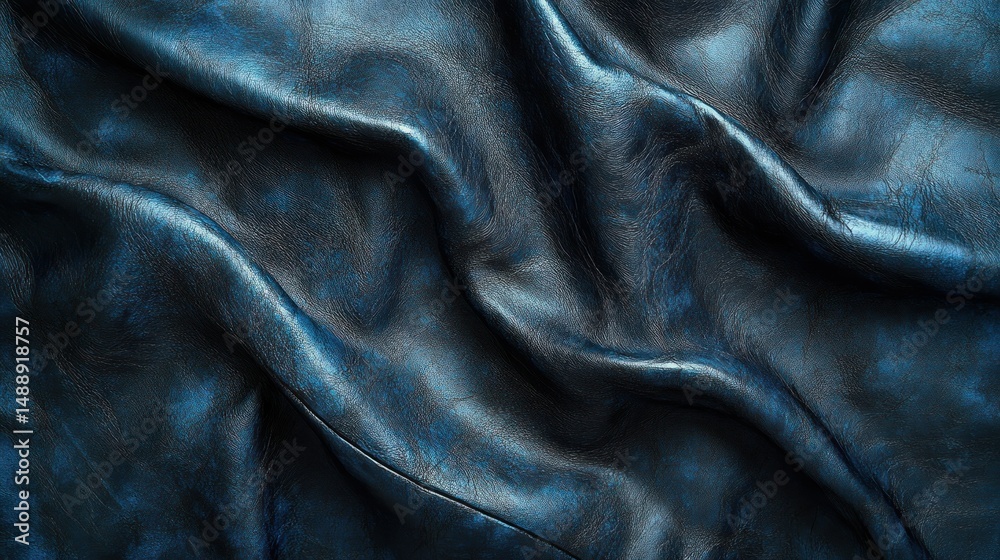 Deep blue, textured fabric drapes in folds