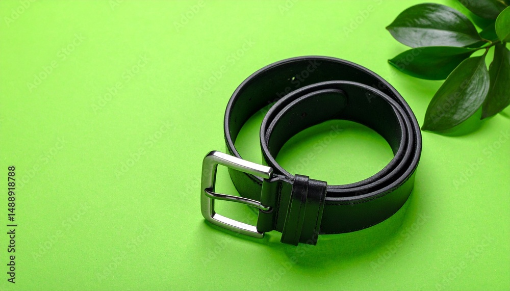 black leather belt isolated on green plain background black leather belt isolated on green plain background