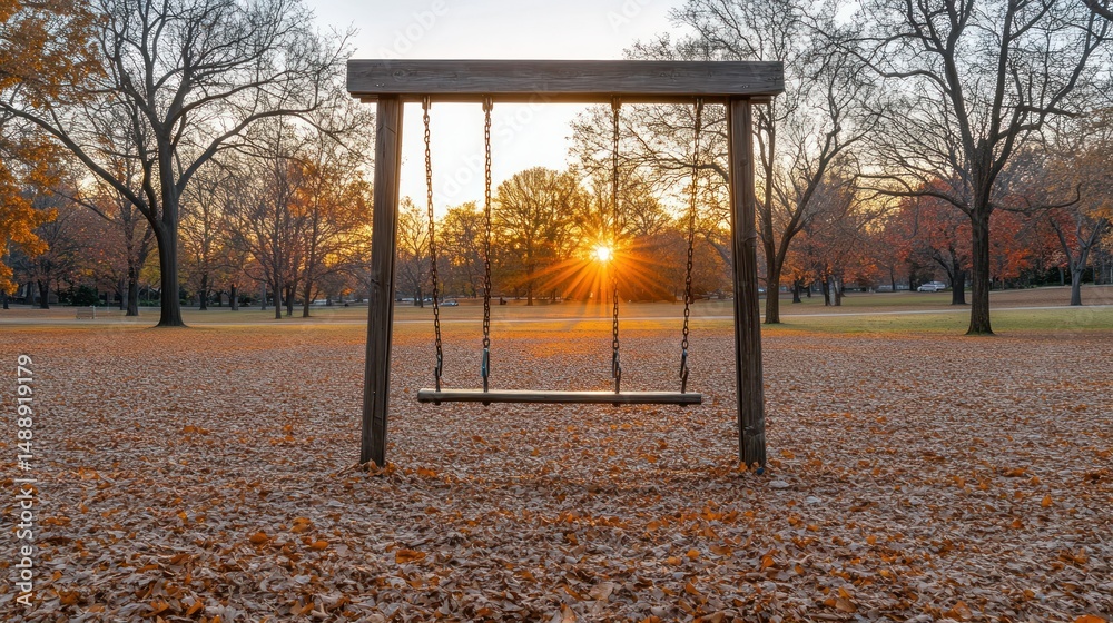 Empty wooden swing at sunset in autumn park