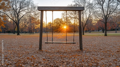 Obraz na płótnie Empty wooden swing at sunset in autumn park w salonie