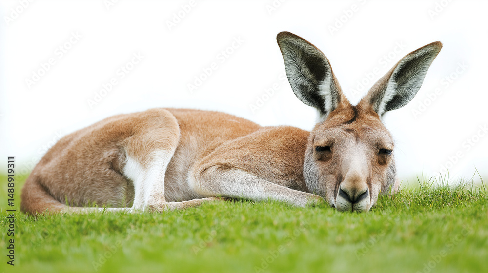 Fototapeta premium A full-body kangaroo sleeping in grass isolated on a white background. 