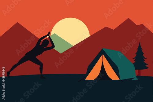 Desert Egyptian landscape at sunset with pyramids and a camel, a vector illustration of a mountain