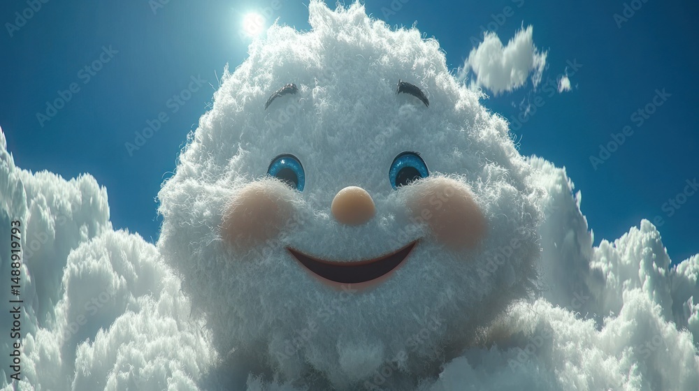 Fluffy cloud character with a happy face against a bright blue sky