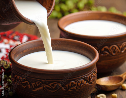 A close-up of kumys (fermented mare�s milk) poured into traditional wooden bowls photo