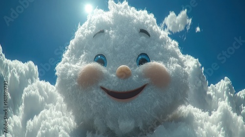 Obraz na płótnie Fluffy cloud character with a happy face against a bright blue sky w salonie