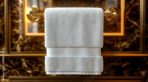 Obraz na płótnie Folded white bath towel hangs from gold-toned towel bar w salonie