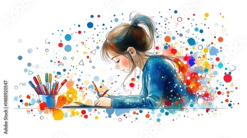 Girl drawing, surrounded by vibrant colors