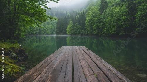 Serene Lake Surrounded by Lush Green Forest with Wooden Dock