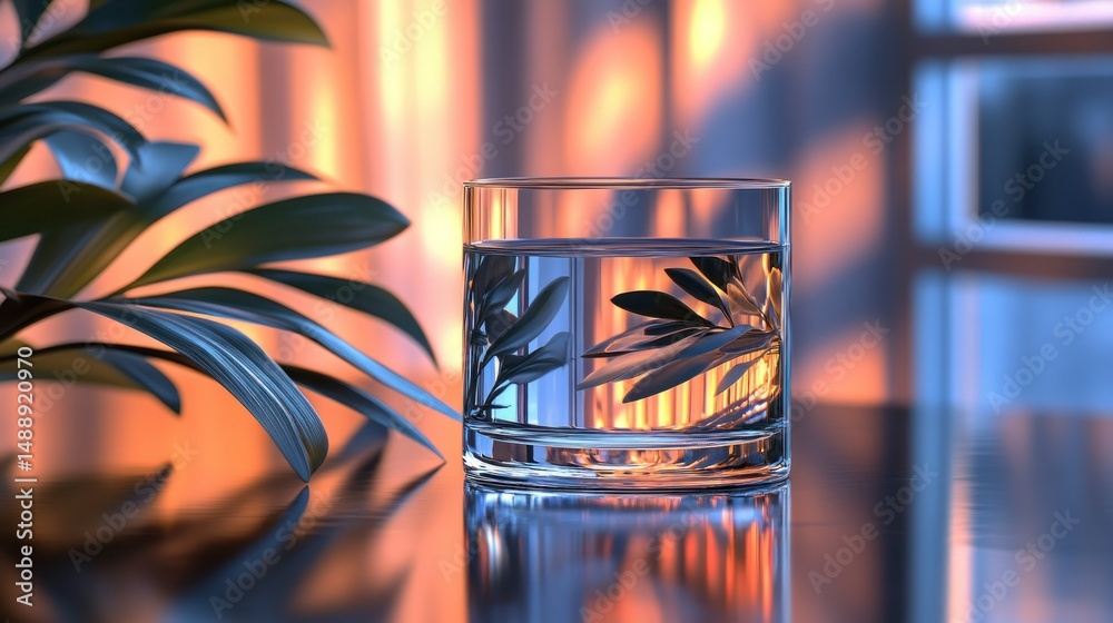 Glass of water, backlit by warm light, beside plant