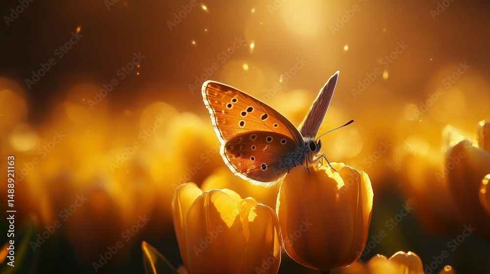 Golden butterfly on yellow tulips