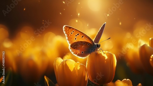 Obraz na płótnie Golden butterfly on yellow tulips w salonie