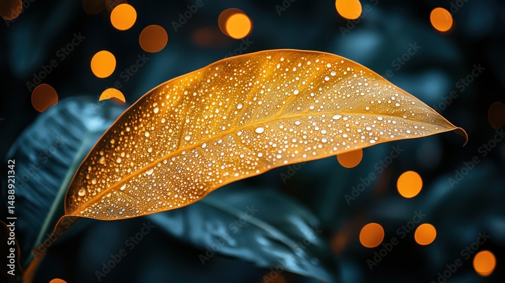 Golden leaf, dew drops, bokeh lights