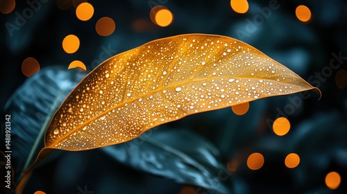 Obraz na płótnie Golden leaf, dew drops, bokeh lights w salonie