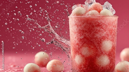 Refreshing Pink Smoothie with Ice and Boba Pearls Splashing Water Droplets Vibrant Background