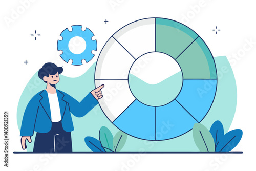 A cartoon illustration depicting a person pointing at a segmented circle chart, with a gear icon in the background, suggesting time management, task management, project management, planning, schedulin