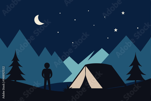 Mountain landscape with a tent under a starry night sky, perfect for winter camping adventures