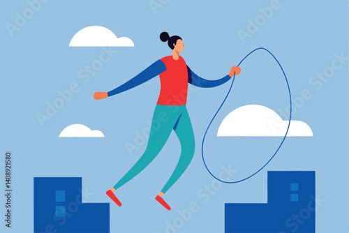 Fun vector illustration of a cartoon child flying on a swing with clouds and a business woman on the phone