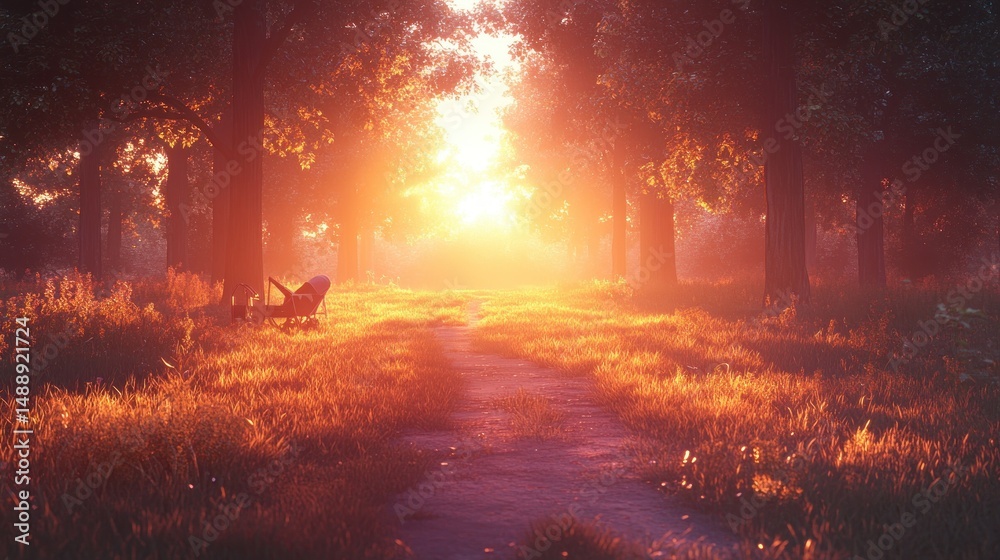 Golden sunset path through trees