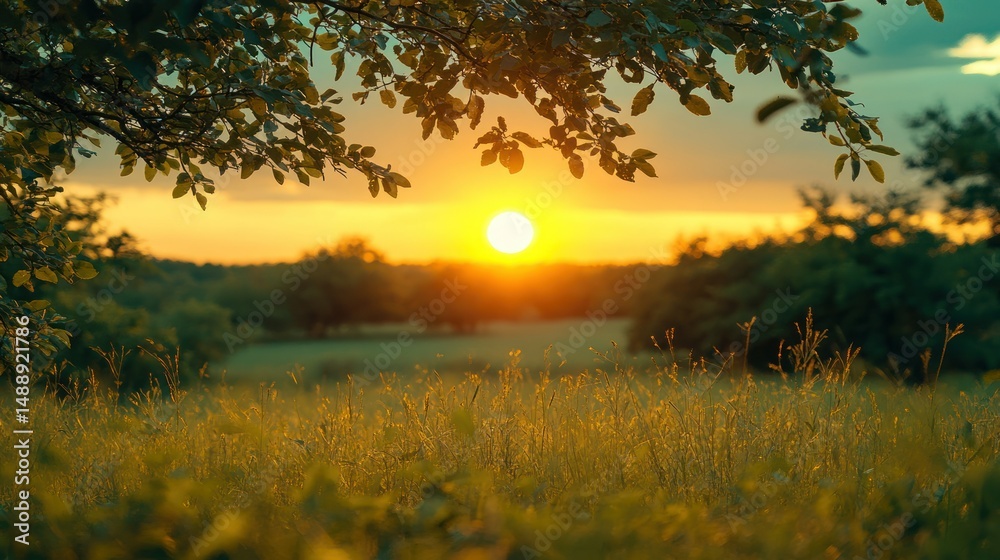 Golden sunset through leaves over a field