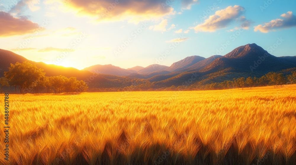 Golden wheat field at sunset, mountains in background
