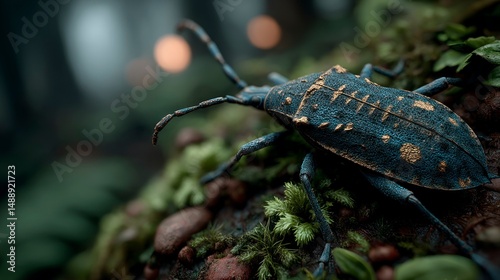 Intricate Blue and Gold Insect on Mossy Surface Detailed Macro Photography of Natures Beauty photo
