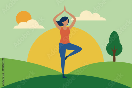 Woman doing yoga in a park with a summer sky and green nature landscape, a cartoon illustration with people and a dog enjoying leisure and fitness