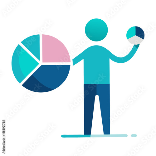 A stylized vector icon of a person holding and presenting two pie charts with different segmentations, illustrating concepts of segmentation, data analysis, market share, project breakdown, and busine