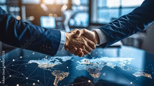 Global Strategic. Business Executives Shaking Hands Over World Map — Global Partnership and Strategic Alliance in Modern Office

