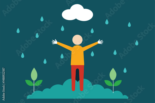 Abstract cartoon silhouette of a businessman with a money tree reaching for the sky