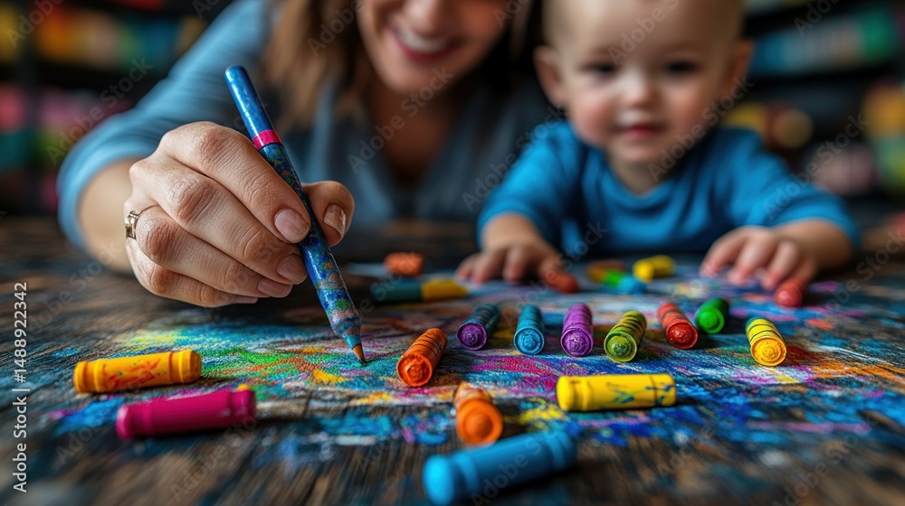Happy mother and baby boy drawing with crayons on a wooden table