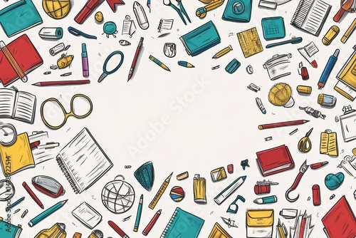 Creative workspace designed with colorful school items arranged around an empty center for engaging classroom activities or study sessions