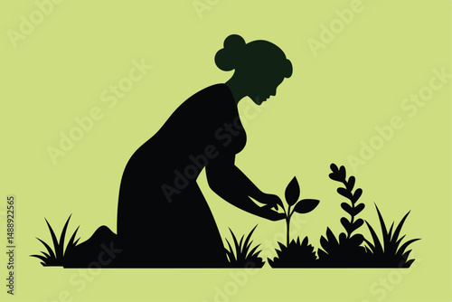 a person silhouette gardening, woman tending to plants, dark figure in nature scene, black shape woman working in garden, peaceful gardening moment, serene landscape with gardener
