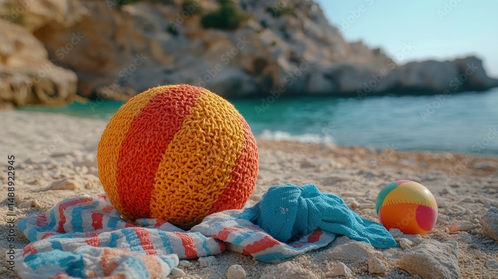 Knitted ball and beach items on sand