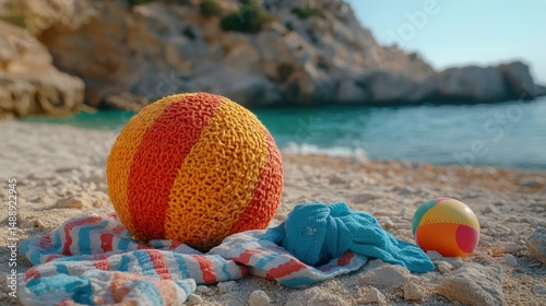 Obraz na płótnie Knitted ball and beach items on sand w salonie