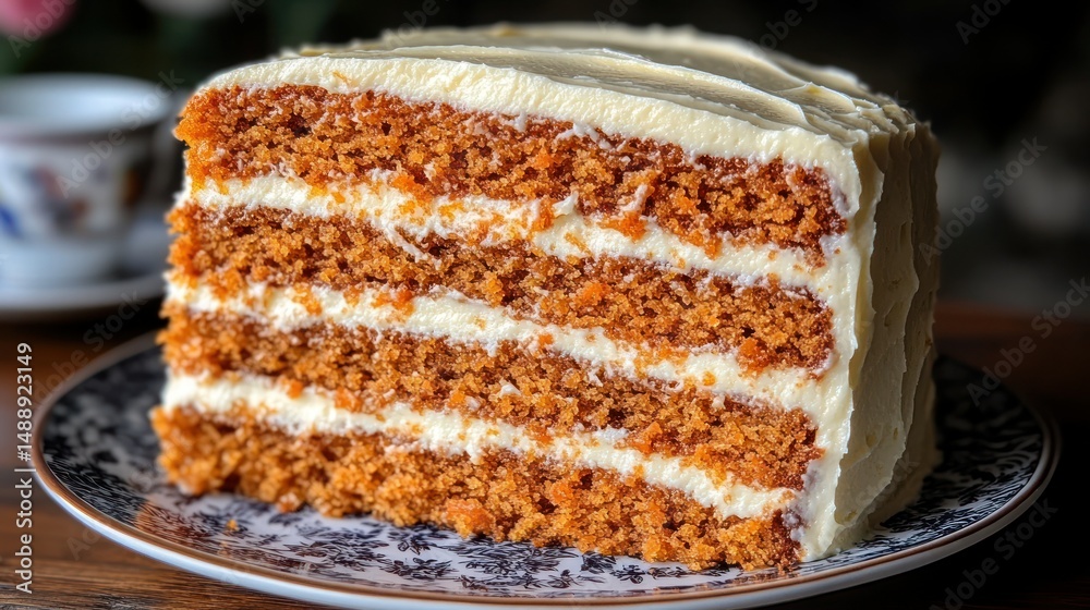 Layered carrot cake slice, creamy frosting