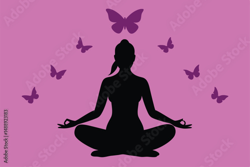 Yoga woman silhouette vector illustration: a person in a calm, meditating lotus pose symbolizing peace, health, and relaxation