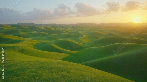 Lush green hills roll gently under a golden sunset